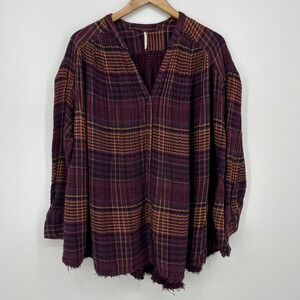 Free People Come On Over Button Down Plaid Top Women's Size‎ M Wine Purple